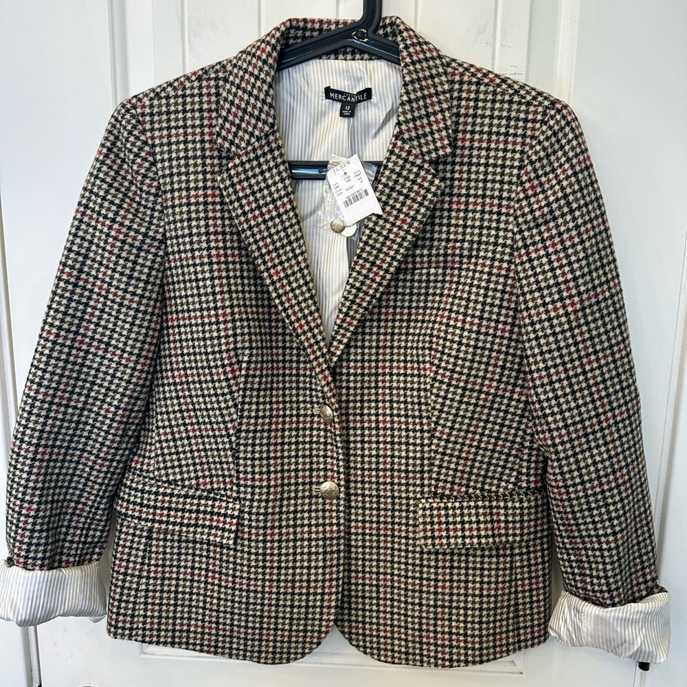 J. Crew Multicolor Houndstooth Blazer with Subtle Red Accents